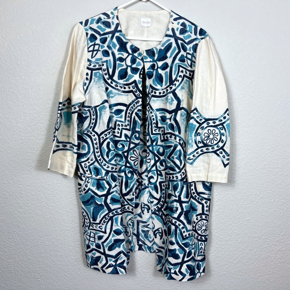 Chicos Womens Size 1 M 100% Linen Blue White Tile Print‎ Duster Jacket